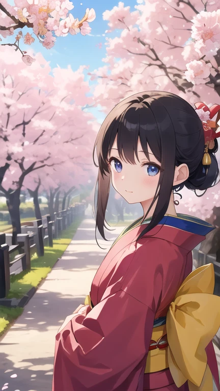 masterpiece, highest quality, High resolution, 1 girl、22 years old、kimono、紅色のkimono、Kyoto、cherry blossoms、cute、black hair