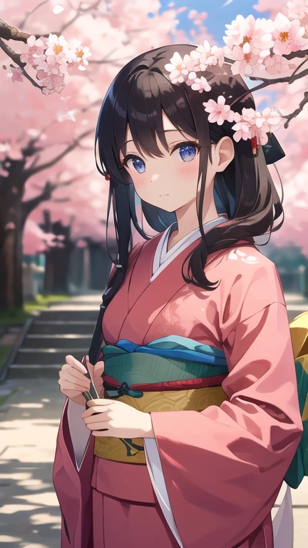masterpiece, highest quality, High resolution, 1 girl、22 years old、kimono、紅色のkimono、Kyoto、cherry blossoms、cute、black hair