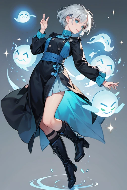 The Spirit Waves are female humanoid ghosts with no hair and simple faces, like most characters of the show. Their "feet" are in the form of heeled boots. Each is a different color: from left to right, they are blue, red, green, and gray. They are more anatomically accurate than most ghosts and other characters in the show.  SPARKLE; GLITTER
