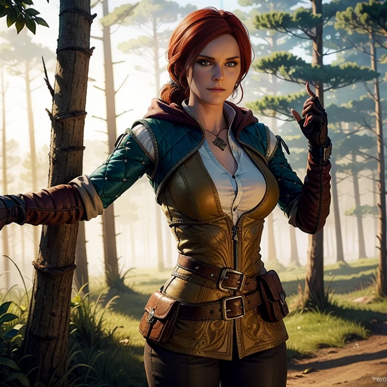 Triss Merigold, in forest, red hair, gloves, white striped shirt, belt, pants, hood, fingerless gloves, pouch, belt pouch, (intricate details), perfect eyes, green eyes, perfect face, perfect lighting, beautiful, (masterpiece:1.2), (best quality:1.2)