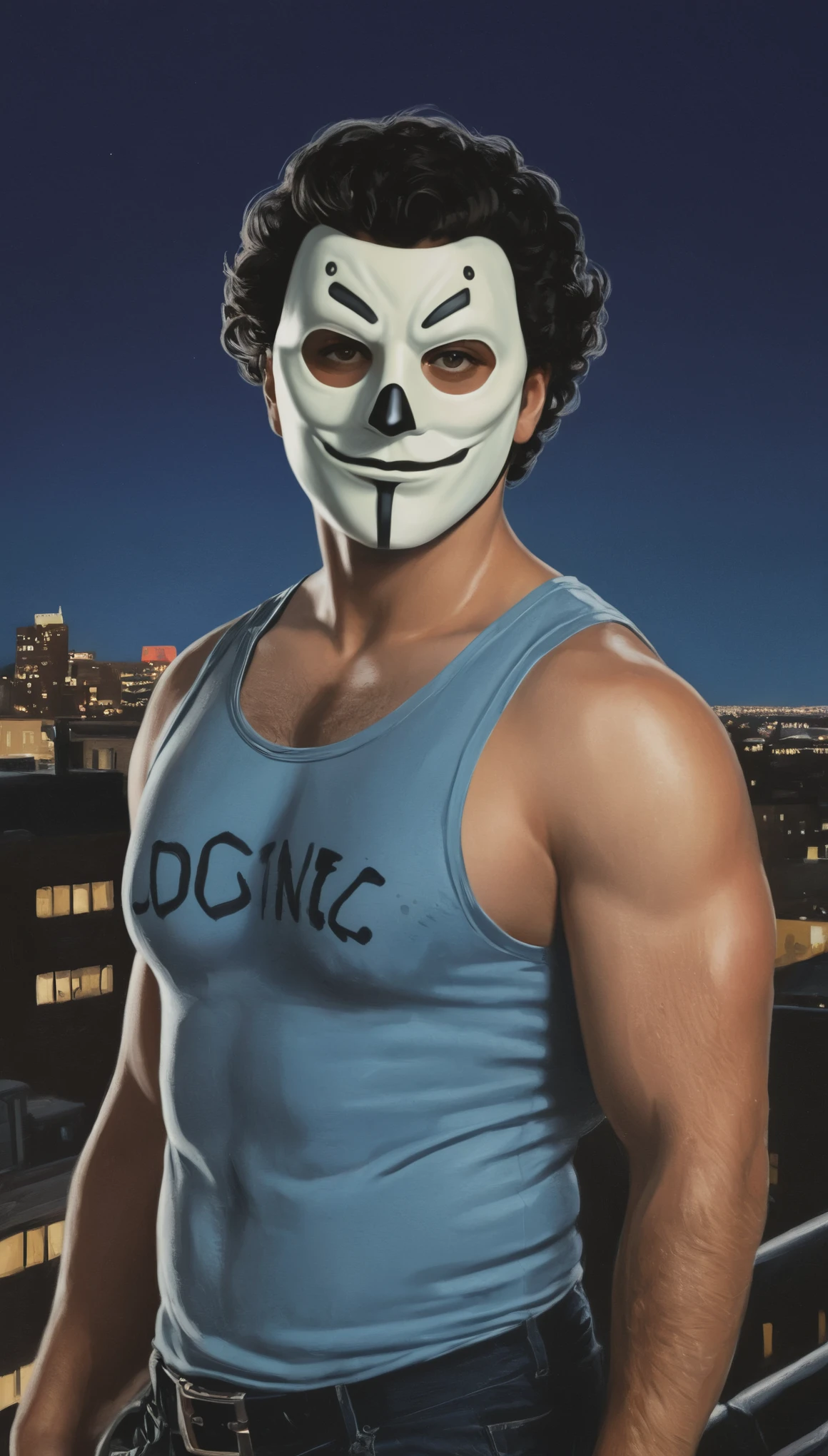 An illustrated movie poster, hand-drawn, full color, a supervillain, 28 years-old, wearing a buckle-up singlet and a domino mask, stocky, soft doughy physique, deep brown eyes, wide bulbous nose, full lips, black hair, curly hair, thick bushy eyebrows, extremely hairy chest, stomach, and arms, lots of body hair, posing on a neon-lit rooftop, hard shadows, graphite shading, stencil markings, airbrushed acrylic paint, masterpiece