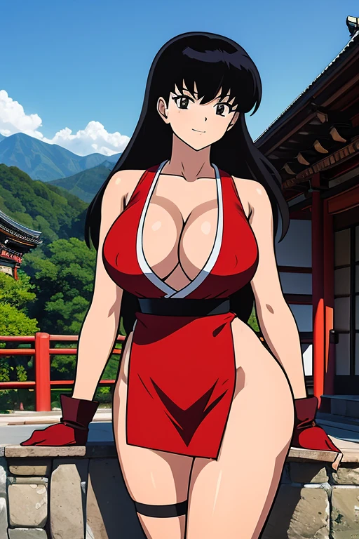 masterpiece, best quality, Kagome Higurashi, 25 years old, large breasts, cleavage, very busty, big hips, She stands tall while wearing a red Kunoichi dress, pelvic curtain, arm guards and gloves. she's looking directly at the camera with an confident smirk. Her gaze is both alluring and fierce, as she holds a red fan with a tight grip. cowboy shot, Perfect Anatomy,(Professional Lighting), BREAK Outdoors, temple, Japanese architecture, the view of the mountains