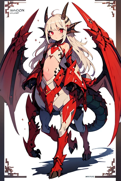 Woman with a dragon's lower body、2 Men Arms、Four dragon legs、long nails、white scales、quadrupedal walking、delicate、delicate face、dragon horn、flat chest、exposure of the abdomen、sharp eyes、Super high quality