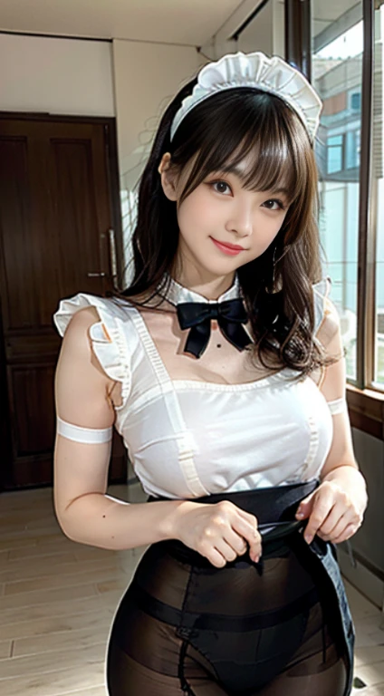(masterpiece:1.2, highest quality), (realistic, photorealistic:1.4), beautiful illustrations、Bow tie staring at the audience,Front view, (((Maid clothes))) 30 years old、perfect face, Cute symmetrical face, shiny skin,
random hairstyle、Big eyes, droopy eyes, long eyelashes、beautiful thighs、Tall and beautiful hair, beautiful face, fine and beautiful eyes, beautiful clavicle, beautiful body, beautiful breasts, beautiful thighs, beautiful feet, beautiful fingers,
((fine fabric texture)),
(beautiful scenery),(business office background), Are standing, (smile), (((skirt lift, Panties and pantyhose are visible)))