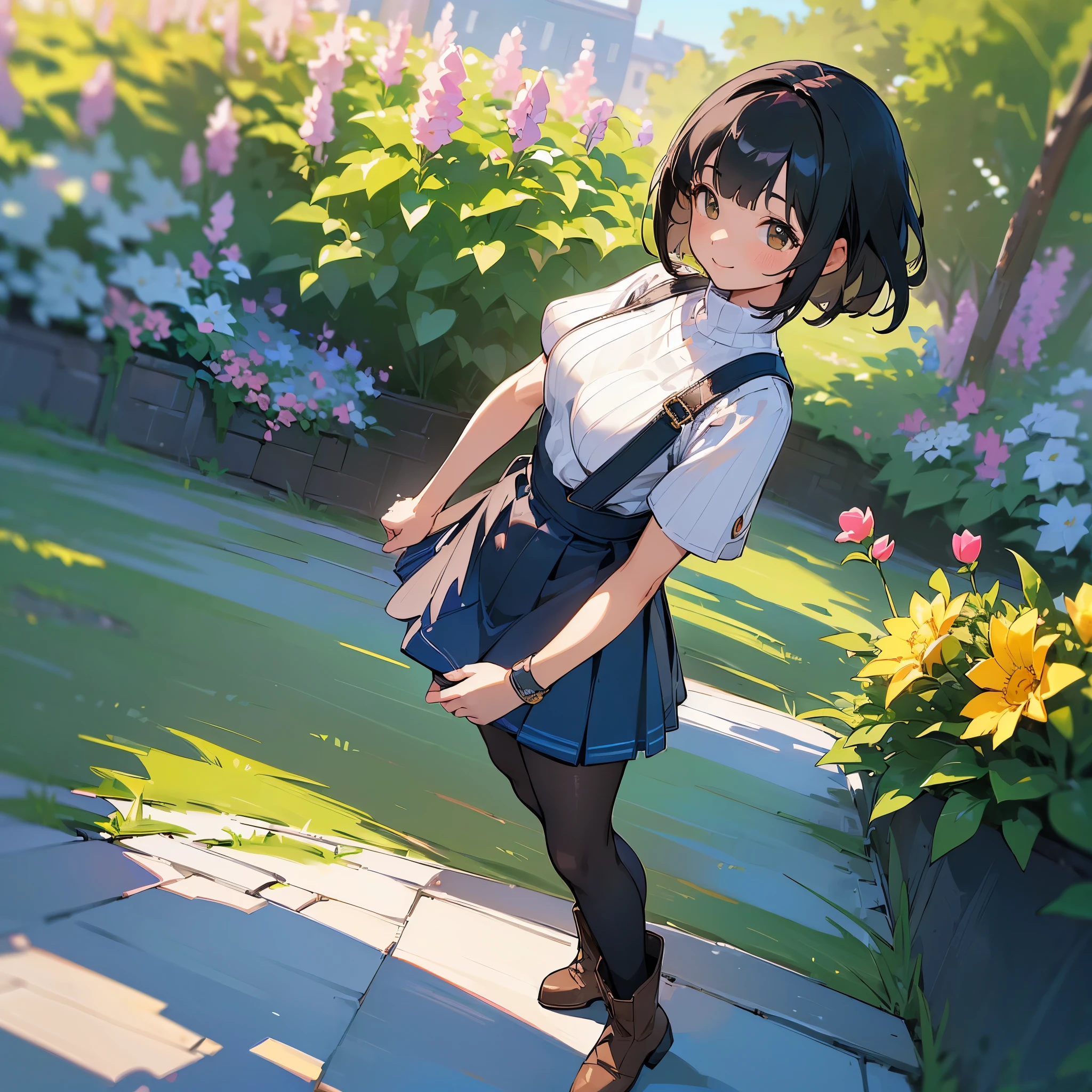 (high quality, High resolution, Super detailed, reality:1.37), peaceful atmosphere, (outdoor, garden), age girl standing alone, (my breasts are big.), Beautiful detail features, cute smile, (black bob hair), short sleeve ribbed sweater, blue skirt, black tights, brown boots.