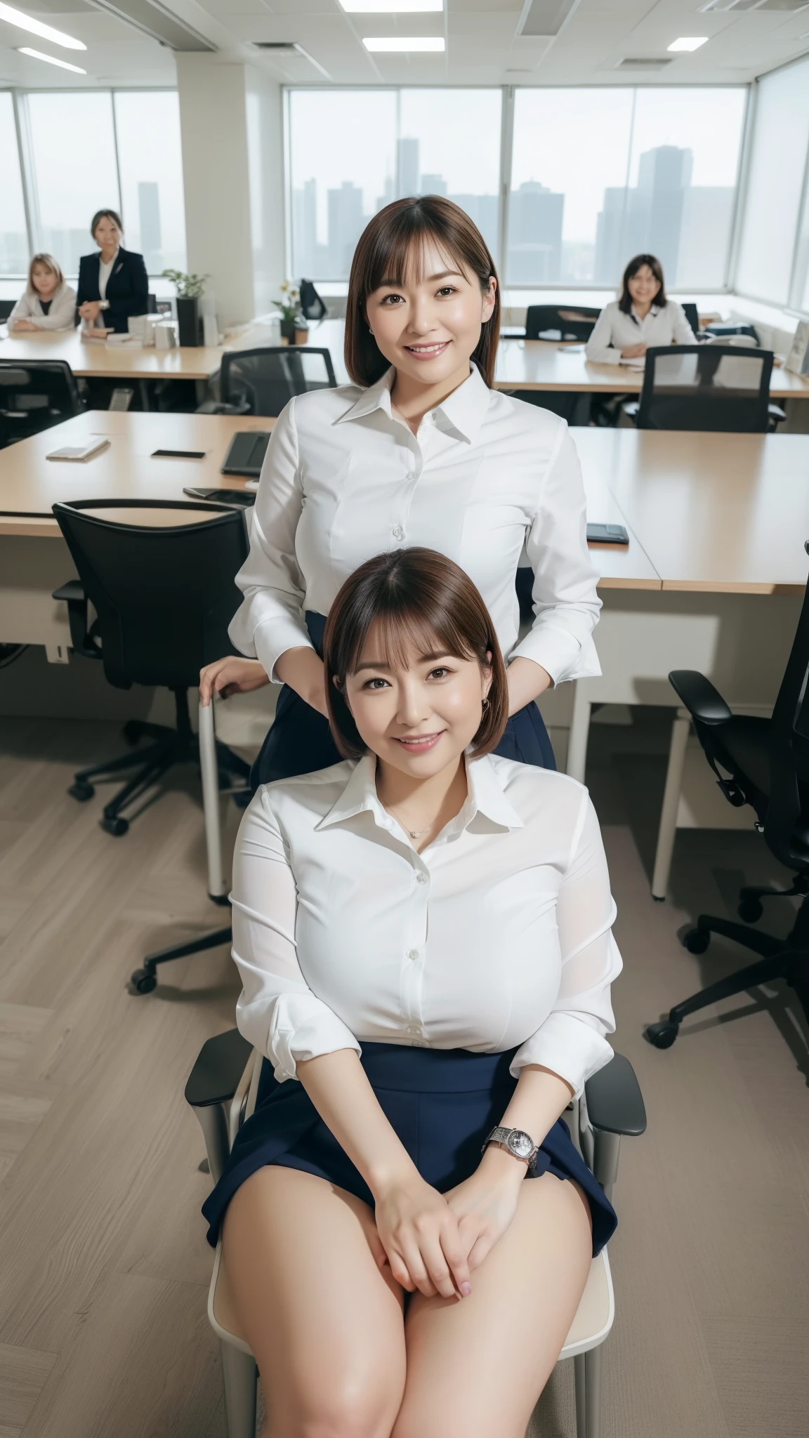((highest quality, 8K, Representative works in detail, ultra high resolution)), (group photo), (looking at the viewer), (middle shot:), 5 attractive business ladies, 5 people, a little chubby:0.25, white collared shirt, gray skirt, (Sitting cross-legged at an office desk)), smile, President's office,Large bust、mini skirt、panties