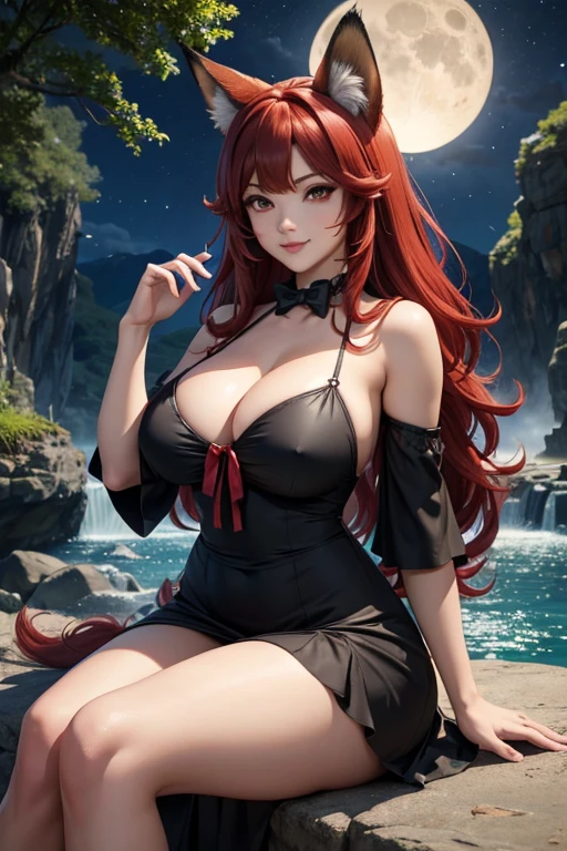 artwork, Best quality, detailed, 1 fox girl, long wavy hair, red hair, fox ears, red eyes, thin lips, round face, big breasts, wide hips, big pompous fox tail, alone, night sky, outdoor, full moon, stars, clouds, night, dark sakura, (black dress), evil smile, red bow, striped, thighs, sitting on a rock facing a waterfall eating a fish roasted on the grill