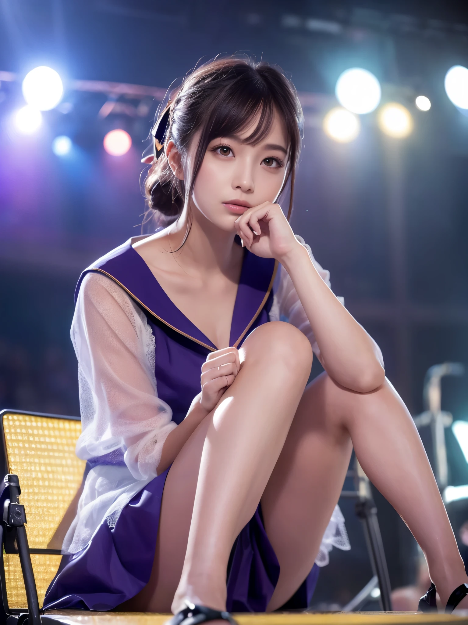 White base with purple-red sailor suit、tulle skirt、23 years old, Performing on an empty stage, concert photos, cute core、(bob hair)、(((watching the audience)))、ribbon on head、（自然でDetailed face立ち、beautiful and detailed eyes、beautiful and dense lips、very detailed eyes、Detailed face、long eyelashes）（8K resolution）、High resolution、masterpiece：1.2 )、Super detailed、(real、photorealistic、photorealistic: 1.37)、8K、fantastic lighting、bright colors、sitting posture、bold spread legs、(anatomically correct)、（perfect body proportions)、(natural hands、natural fingers)