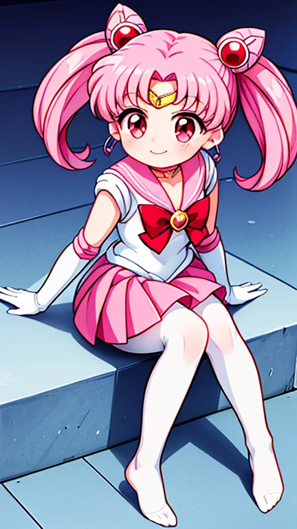 Sailor Moon,childhood,Young,Seven years old,Cute little ,Pink hair twintails,red eyes,short hair,Sailor suit,bow tie,White elbow gloves,red skirt,sitting,no shoes,blink,Smile with teeth,white pantyhose