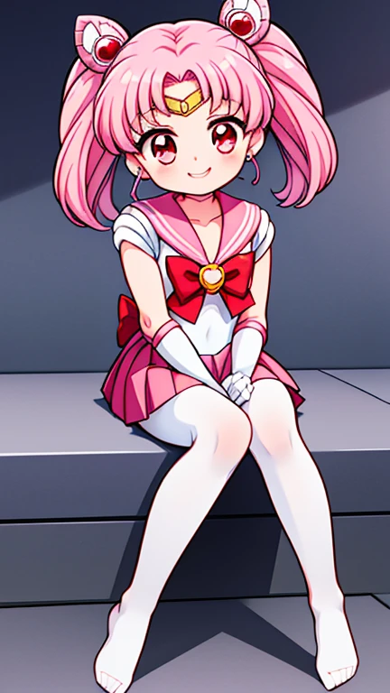 Sailor Moon，childhood，Young，Seven years old，Cute little ****，Pink hair twintails，red eyes，short hair，Sailor suit，bow tie，White elbow gloves，red skirt，sitting，no shoes，blink，Smile with teeth，white pantyhose