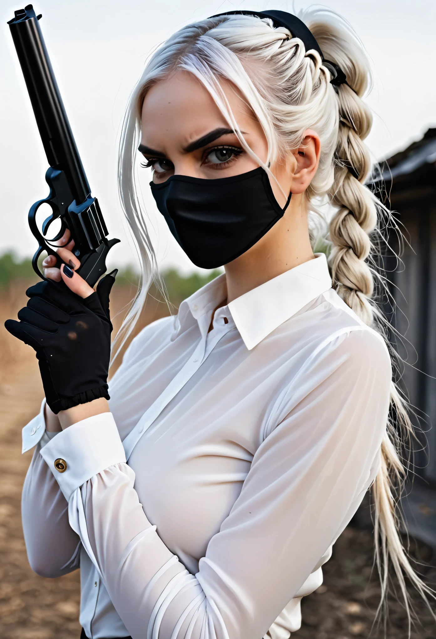 Woman with long white hair braided at the roots with a ponytail wearing a white blouse and white tights holding a revolver serious face black headband covering her eyes and black mask