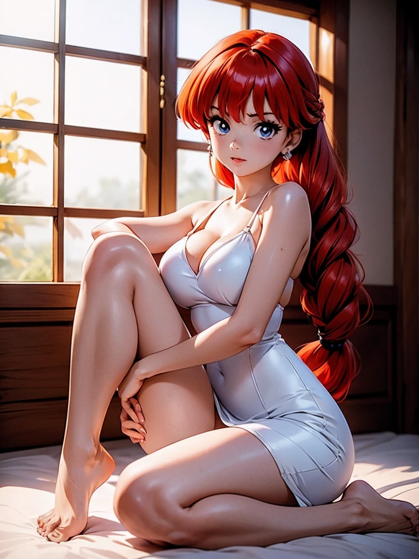 NSFW, hot, nude, erotic, porn, desnudos completa,  redhead anime girl, cuerpo bonito, senos grandes, with hands behind head, pasando tus manos por tu cabello, chica sexy, red pelo con trenza, beautiful lighting, sombras suaves, ojos azules, bonitas piernas, pelo con trenza, estilo anime, Ranma Chan, Autora Rumiko Takahashi, Basado en obra de Rumiko Takahashi, Anime Ranma 1/ 2, sexy decoration, cadera robusta, cuerpo entero, cuerpo completo, busto grande, chica joven con cuerpo hermoso y hermoso, sandalias en los pies, girl 16 years olt stature, vistiendo una falda azul y una hermosa blusa rosa, chica anime, estilo anime, hermosos pies en sandalias((mejor calidad)), ((obra de arte)), (detallado), cara perfecta