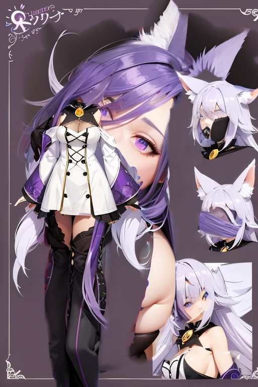 (best quality,highres),(realistic:1.37),purple hair,purple eyes,fox ears,cute,witch,detailed facial features,front view,full body