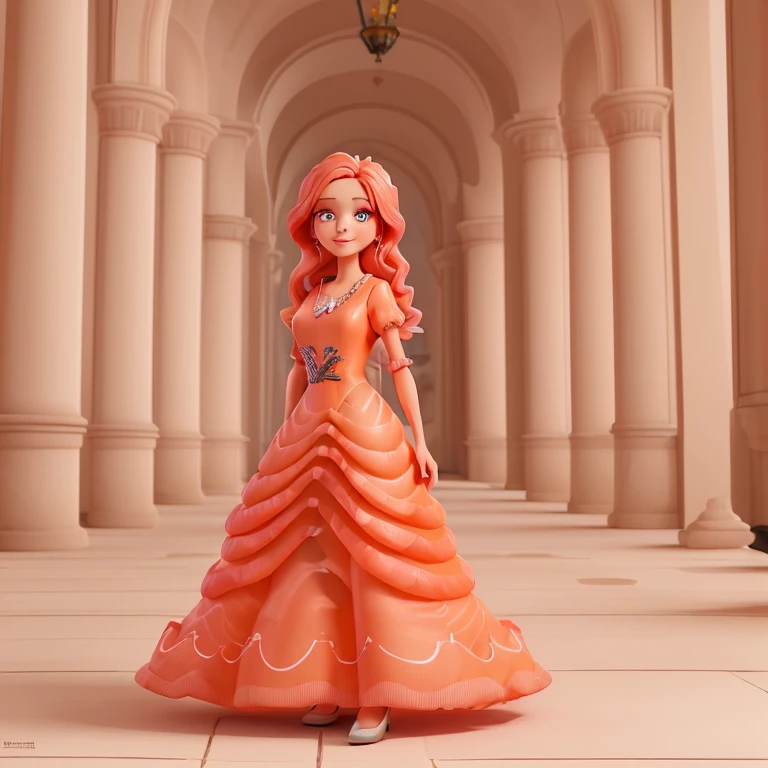 A beautiful peincesa with stunning salmon dress in a palace