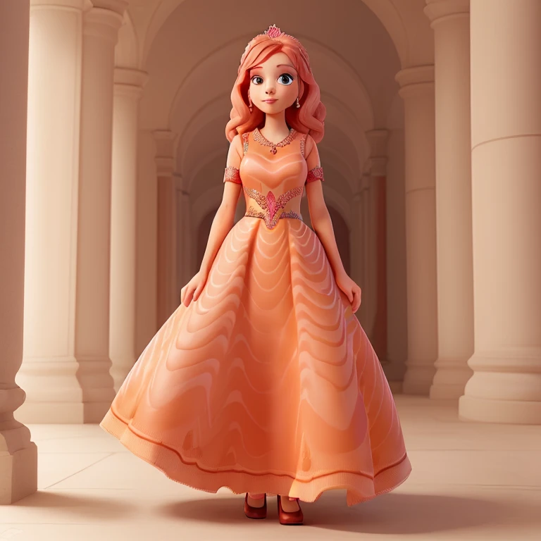 A beautiful peincesa with stunning salmon dress in a palace