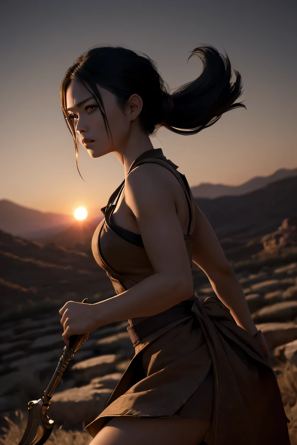 (masterpiece), (very complicated:1.3), (realistic), girl portrait, (dark fantasy, gore), (dynamic perspective), the most beautiful in the world, (waitress), medium-long shot, outdoor, dynamic angle, running fighting stance, dry river bed, Kure, Haifa, Stunning female professional photo details, sharp focus, dramatic, Award history, cinematic lighting, Octane Rendering Unreal Engine, volumetrics dtx, (film grain, blurred background, blurred foreground, Bokeh, Depth of the bounds written, sunset), holding sickle