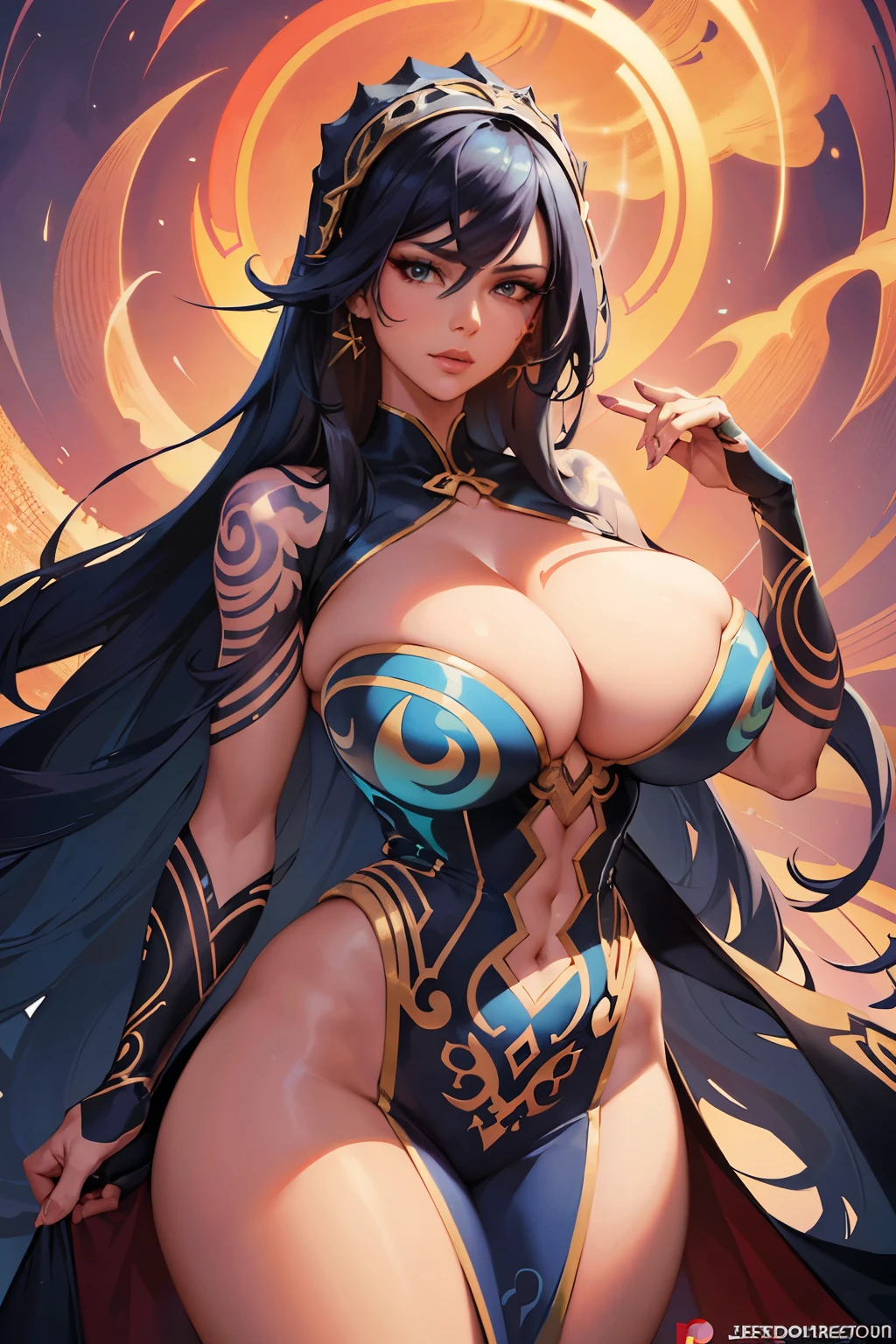 There is a curvaceous woman (large breasts, cleavage) adorned with intricate Tribal tattoos on her body, portrayed as a stunning digital illustration. Her image is an exquisite and beautiful digital artwork, meticulously created by the skilled hand of Jen Bartel. This stunning piece is an intricate and highly detailed vector art, showcasing the inimitable style of digital illustration. With each line, every curve and contour, the gorgeous digital art embraces the viewer, captivating their attention with its vivid and rich colors. The vector behance HD masterpiece by Jesper Ejsing further accentuates the woman's enchanting beauty with its deft