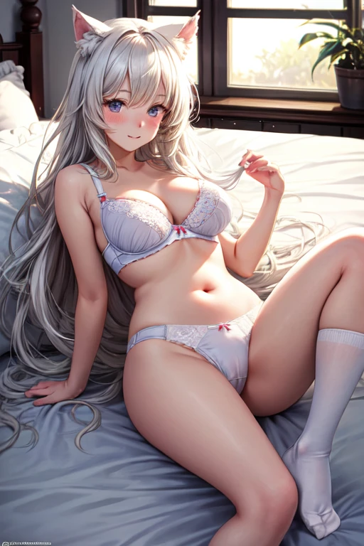 The lazy girl is lying down on the bed her long white hair flowing over her shoulders as she looks up at the camera with a slight blush on her face. Her cat ears have been hidden in her hair but are visible when she moves her head. She is wearing a tight white bra, tight white panties, and tight white socks. Her medium breasts are barely contained by the bra as she lays on her back. The light from outside shines in through the window and highlights her curves as she is inside a house next to a bed with pink sheets. High resolution, best quality, anime, anime girl