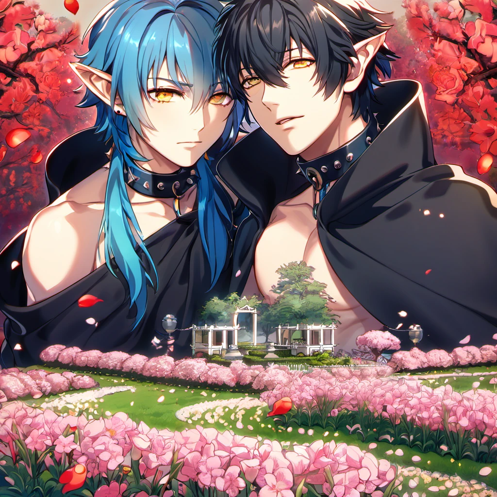 absurdres, highres, ultra detailed, HDR, masterpiece, Ren, black hair without bangs, expressive golden eyes, Dramatical Murder, bare chest, black cape, pointed ears, black collar with studs, Seragaki Aoba, blue hair, expressive golden eyes, black clothes, 2men together, gay couple, handsome, designed decoration such as red leaves, birds and blossoms, petals, garden