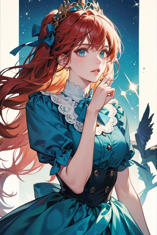 Sue is a  humanoid with pale-green skin. She wears a blue bow atop her red hair and a blue dress with a white collar and three brown buttons. She also has a bronze bracelet on her right wrist. SPARKLE; GLITTER