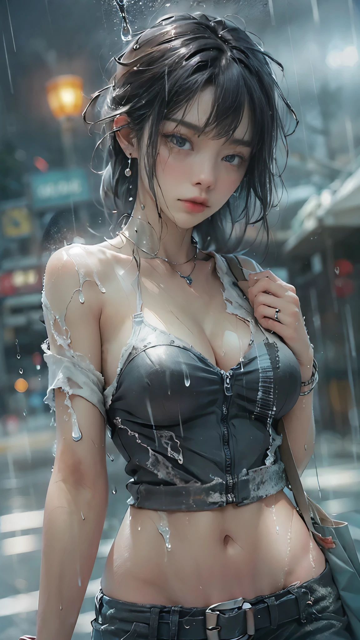 ((Low angle shooting:1.5)), (Photoreal:1.4, 8K, highest quality:1.3, masterpiece, ultra high resolution), ((Typhoon heavy rain)), Highly detailed skin and facial textures:1.3, perfect dynamic composition:1.2, (Modern city at night, In front of the supermarket at night, expression of sadness:0.7), Tears are flowing:0.7, cry with a broken heart:0.7), Slim office lady wet in the rain:1.2, Fair skin:1.2, sexy beauty:1.1, perfect style:1.2, beautiful and aesthetic:1.1, very beautiful face:1.2, water droplets on the skin, (rain drips all over my body:1.2, wet body:1.2, wet hair:1.3), (Holding a wet shopping bag:1.2, How to properly wear wet casual clothes:1.3), belt, (Medium chest, Bra is sheer, Chest gap), (Big eyes that exude beautiful eroticism:0.8, adult charm:0.8, Bewitching:0.8), necklace, earrings, bracelet, wedding ring, Highly detailed and accurate hand and finger representation
