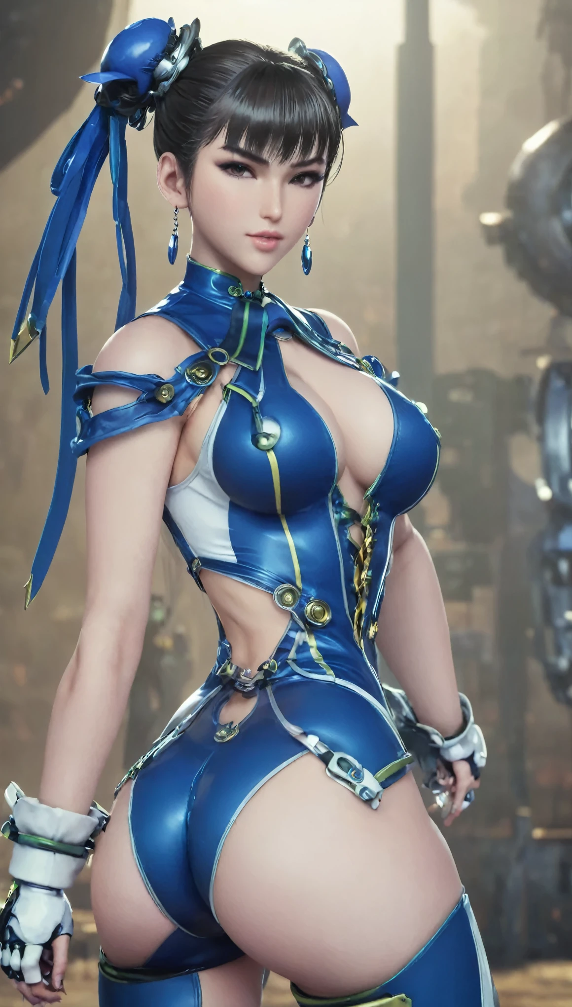 Eve wearing Chun Li's costume, Stellar Blade, large breast, thick thighs, curvy body,1girl,solo,heavy makeup,cute,earrings,ring braid,(lewd smile:1.1),holding mechanical sword,ponytail,idol,hooker, Chun Li's uniform,(battleground:1.1),