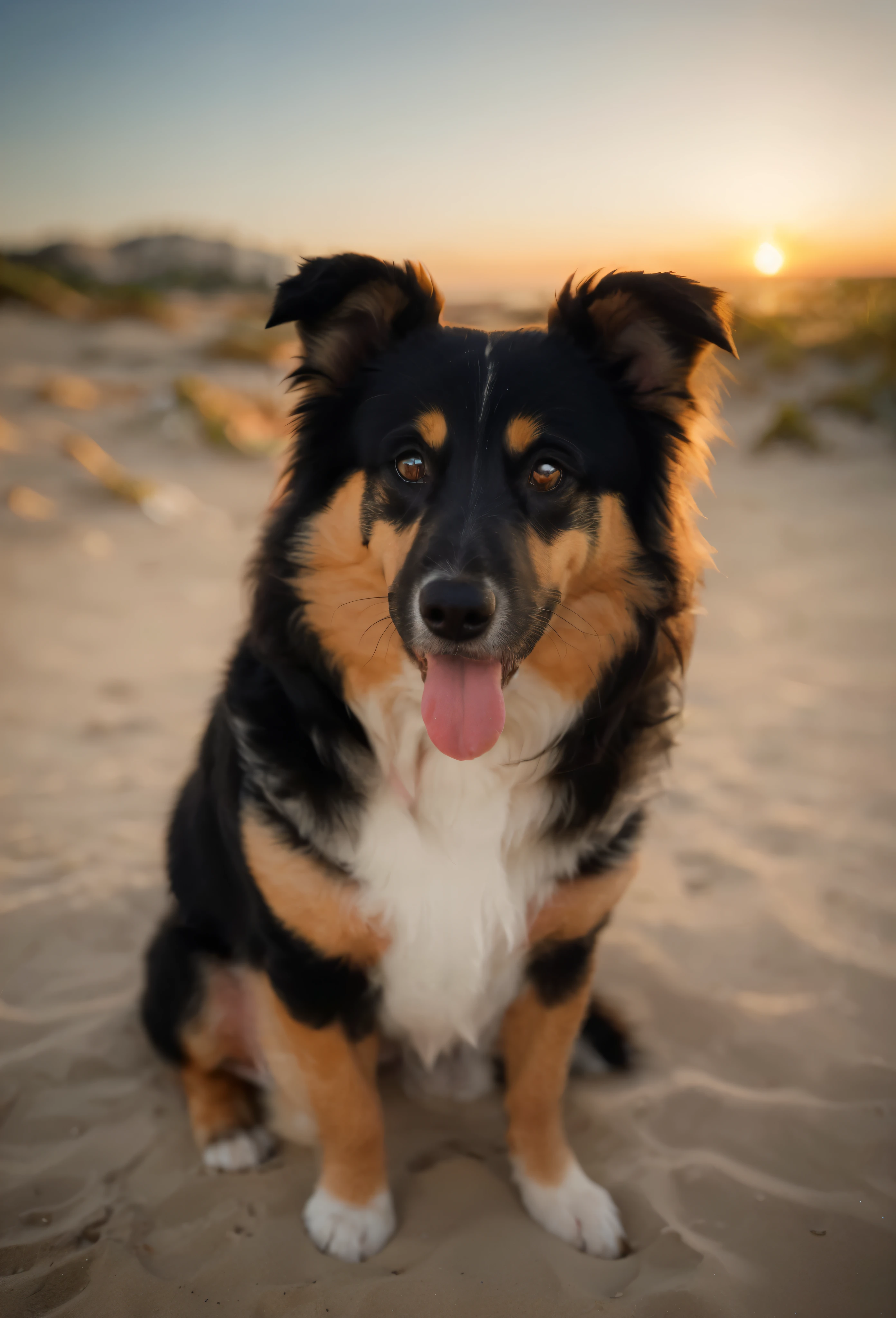 arafed dog sitting on a beach with a sunset in the background, Aussie, portrait, border collie, visage magnifique, beau visage!, chien heureux, belle photo d&#39;errant, chien mignon, beau visage, close - up portrait, animal de compagnie, australien, magnificent features, closeup portrait, portrait d&#39;un chien, portrait de chien, regardant directement la caméra