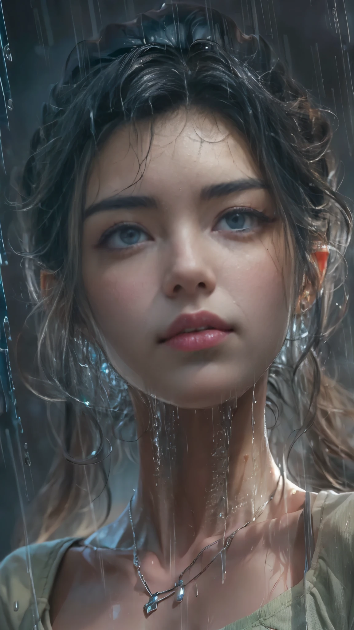 ((Low angle shooting:1.5)), (Photoreal:1.4, 8K, highest quality:1.3, masterpiece, ultra high resolution), ((Typhoon heavy rain)), Highly detailed skin and facial textures:1.3, perfect dynamic composition:1.2, (Modern city at night, In front of the supermarket at night, expression of sadness:0.7), Tears are flowing:0.7, cry with a broken heart:0.7), Slim office lady wet in the rain:1.2, Fair skin:1.2, sexy beauty:1.1, perfect style:1.2, beautiful and aesthetic:1.1, very beautiful face:1.2, water droplets on the skin, (rain drips all over my body:1.2, wet body:1.2, wet hair:1.3), (Holding a wet shopping bag:1.2, How to properly wear wet casual clothes:1.3), belt, (Medium chest, Bra is sheer, Chest gap),  (Big eyes that exude beautiful eroticism:0.8, adult charm:0.8, Bewitching:0.8), necklace, earrings, bracelet, wedding ring, Highly detailed and accurate hand and finger representation