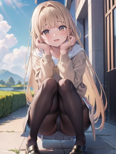 ((masterpiece)), ((highest quality)), ((super detailed)), ((super detailed背景)), ((8k wallpaper)) ,(8K),shine, shine光, ray tracing, Depth of the bounds written, (perfect face), (detailed face), (fine eyes),(perfect hand :1.7),ray tracing,perfect lighting, shine目, (looking at the viewer,smile:1.1), ((1 girl)), (mature woman:1.4),Mahiru Shiina (Shiina Midday) ,blonde,brown eyes, ((brown eyes:1.7)), ((smile)),((弾けるようなsmile)),long hair, 黒いshoes, ((black pantyhose)) , (hoodie:1.2) , ((Panty stocking)) , shoes、skirt, ((head shot))、embarrassing、blush、beautiful女の子、cute face、beautiful顔、cute face、beautiful、best quality、good anatomy、smile、Mistress Pose, smile, blush, outdoor, Day, blue sky, empty, looking at the viewer, moody lighting, face-to-face audience、(Are standing))、from below、(NSFW:1.3),panties under pantyhose,