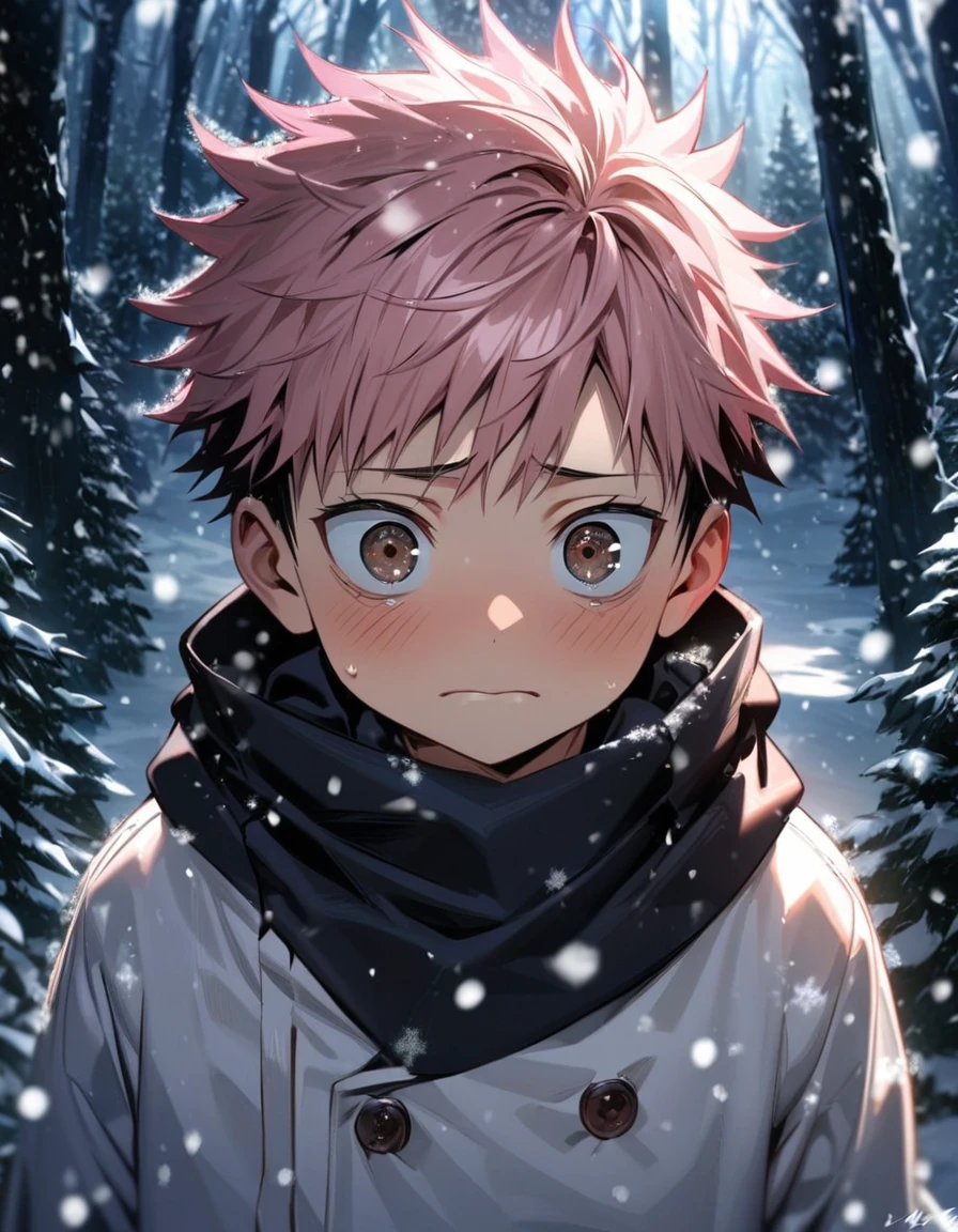 Ultra detailed, highres, absurdres, HDR, Yuya, black hair, silver eyes, Itadori Yuji as a little ???, pink hair, brown eyes, handsome, Jujutsu Kaisen, snowing, snowflakes, ice forest, black scarf, white winter jacket, sad expression, 1 man with 1 little ???,