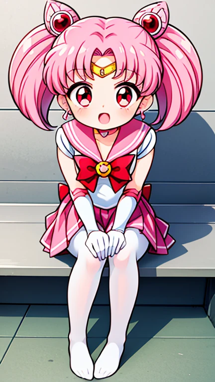 Sailor Moon，childhood，Young，Seven years old，Cute little loli，Pink hair twintails，red eyes，short hair，Sailor suit，bow tie，White elbow gloves，red skirt，sitting，no shoes，Open your mouth，laughing out loud，white pantyhose