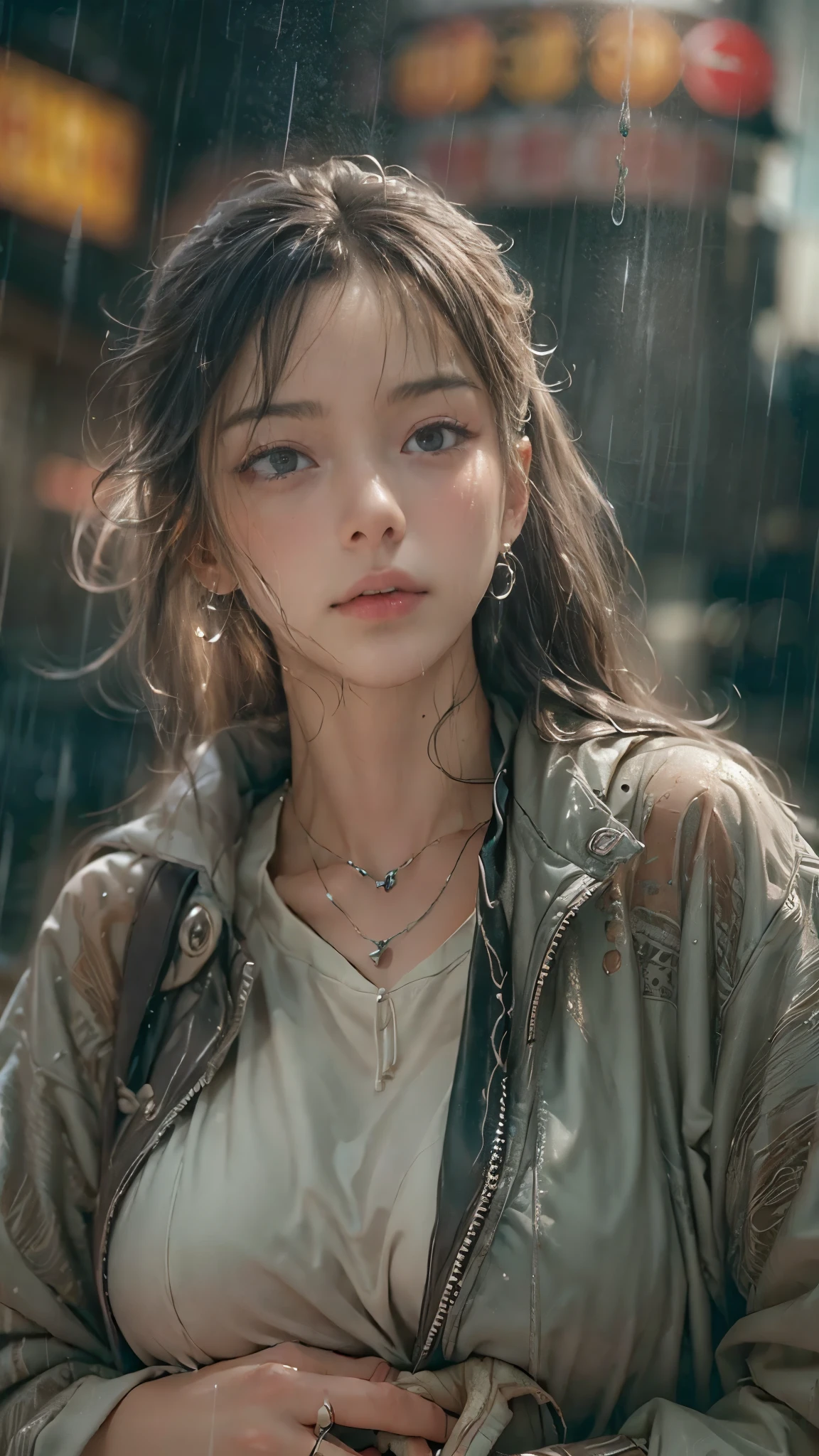 ((Low angle shooting:1.5)), (Photoreal:1.4, 8K, highest quality:1.3, masterpiece, ultra high resolution), ((Typhoon heavy rain)), Highly detailed skin and facial textures:1.3, perfect dynamic composition:1.2, (Modern city at night, In front of the supermarket at night, expression of sadness:0.7), Tears are flowing:0.7, cry with a broken heart:0.7), Slim office lady wet in the rain:1.2, Fair skin:1.2, sexy beauty:1.1, perfect style:1.2, beautiful and aesthetic:1.1, very beautiful face:1.2, water droplets on the skin, (rain drips all over my body:1.2, wet body:1.2, wet hair:1.3), (Holding a wet shopping bag:1.2, How to properly wear wet casual clothes:1.3), belt, (Medium chest, Bra is sheer, Chest gap),  (Big eyes that exude beautiful eroticism:0.8, adult charm:0.8, Bewitching:0.8), necklace, earrings, bracelet, wedding ring, Highly detailed and accurate hand and finger representation