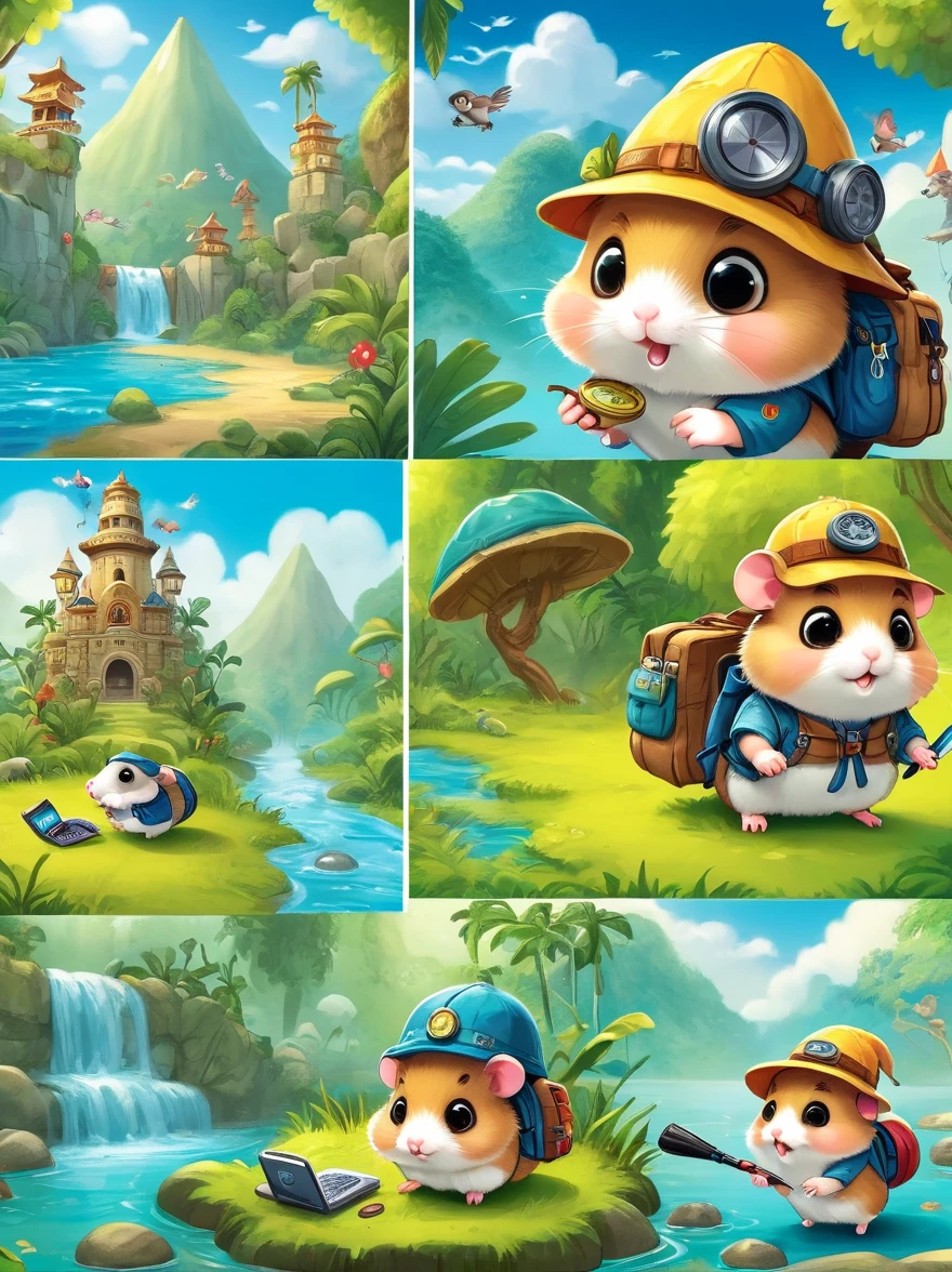 1 cute hamster adventurer, Hamster Adventurer wears lightweight yet hard-wearing adventure clothing, Camouflage color adventure vest, Ample pockets for storing gadgets and food, Wearing an adventure hat, There is a string tied to the chin of the hat, Hamster adventurer carrying a small backpack, A rope tied to the backpack, A backpack filled with essential adventure tools, like a little compass, Bring a small hiking pole), Hamster Adventurer Mountain Climbing, Mayan temple, (The background is a primeval jungle:1.5)