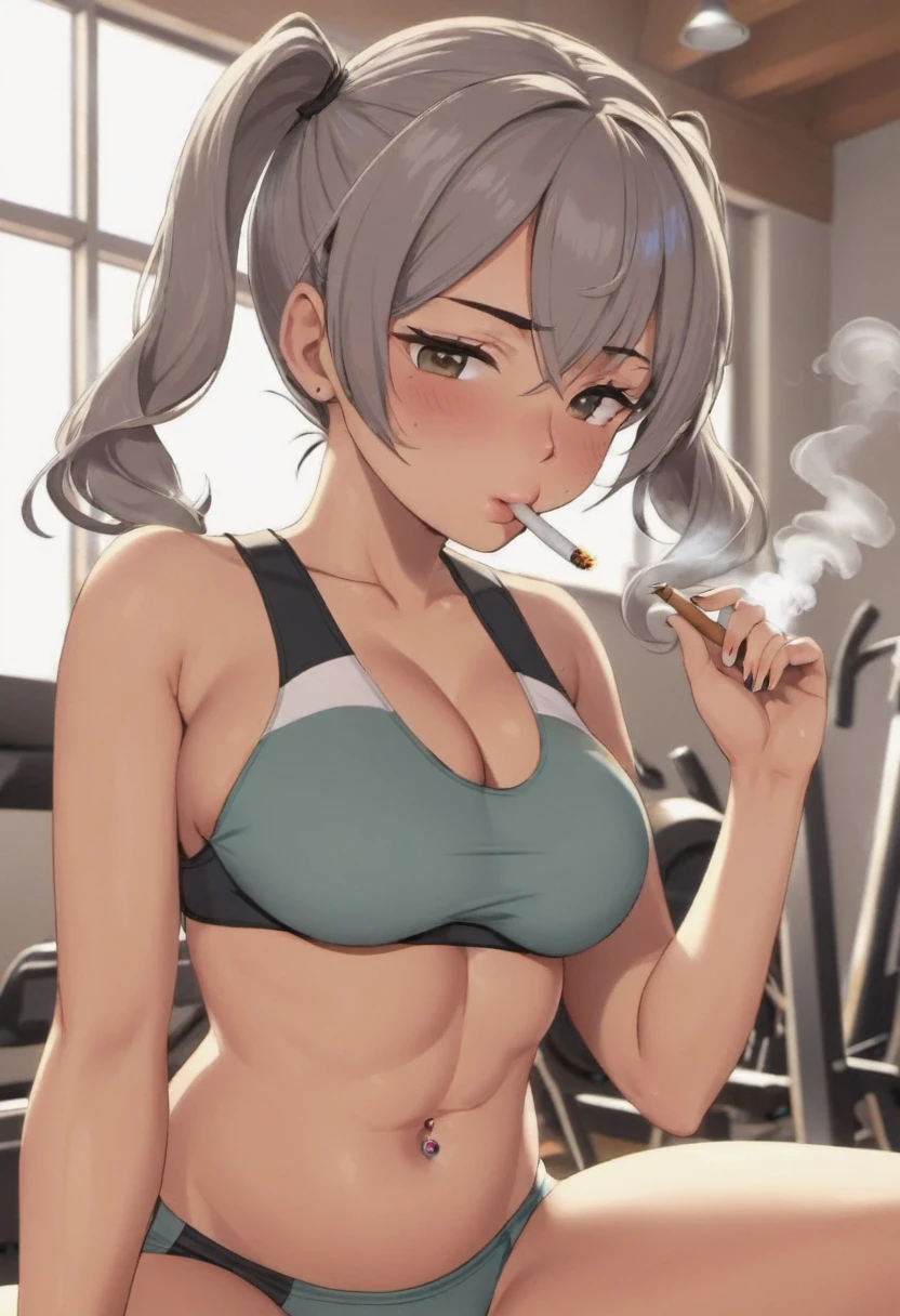 a school girl smoking cigarettes rapidly while titty fucking a penis, the cigarette ash is growing very long, the cigarette ash is very long, sucking very hard on the cigarette, gym girl, pain, agony, busty, ash everywhere, lots of cigarette smoke, titty fuck, penis between breasts, holding breasts, penis squeezed between breasts, ash on penis, ash on breasts