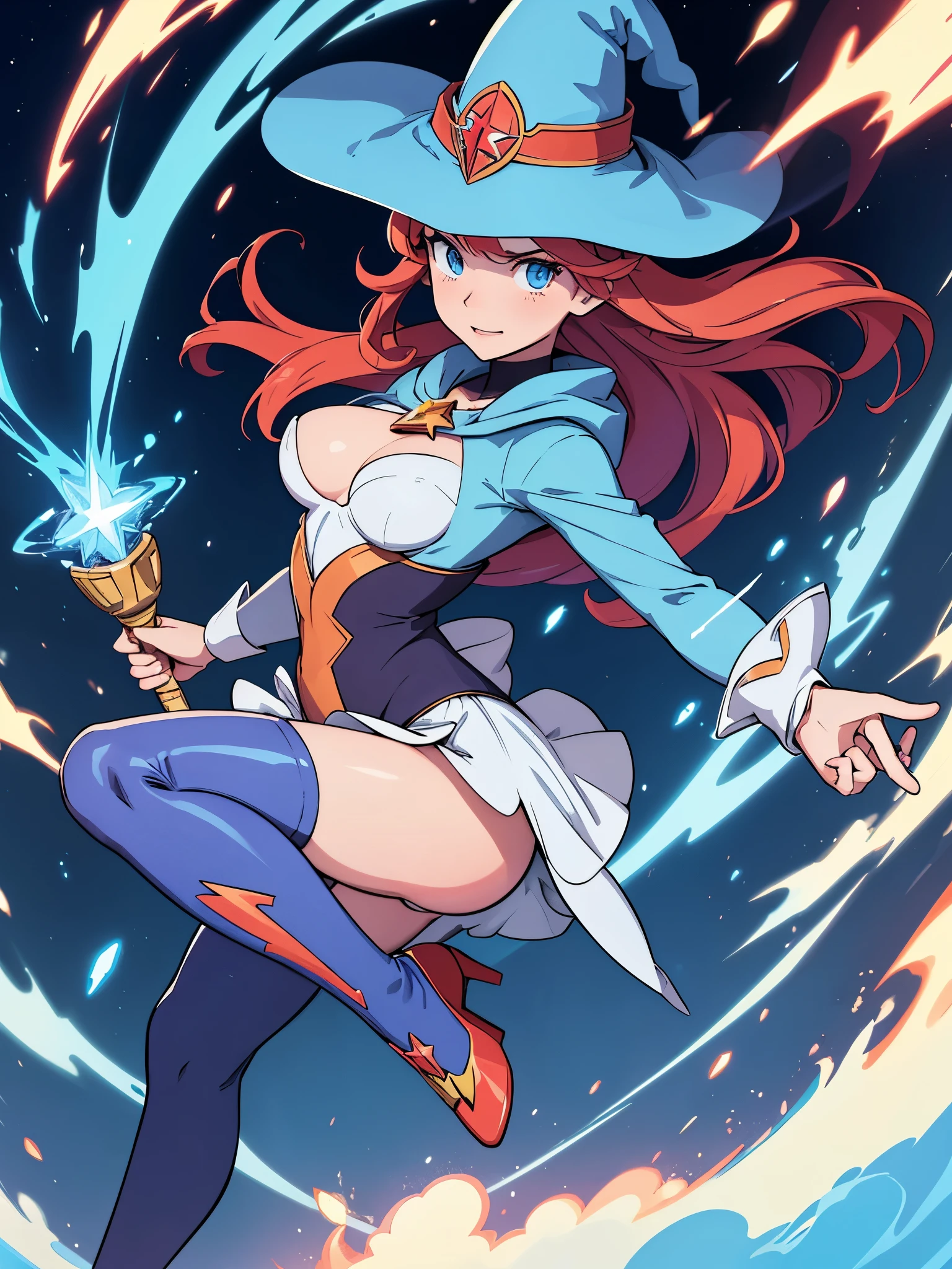 a cartoon of a woman dressed in a superhero costume holding a wand, witch academia, superhero sorceress witch, glamorous angewoman digimon, sky witch, by Aguri Uchida, maya ali as a lightning mage, leotard, blue leotard with white accents, bare legs, blue thigh-highs, red high heels, witch hat, red hair, long hair, blue eyes, ahoge, beautiful detailed eyes, beautiful detailed face, cute face, medium breasts, age 16-18, solo, solo focus, wonder, full body portrait, cowboy shot