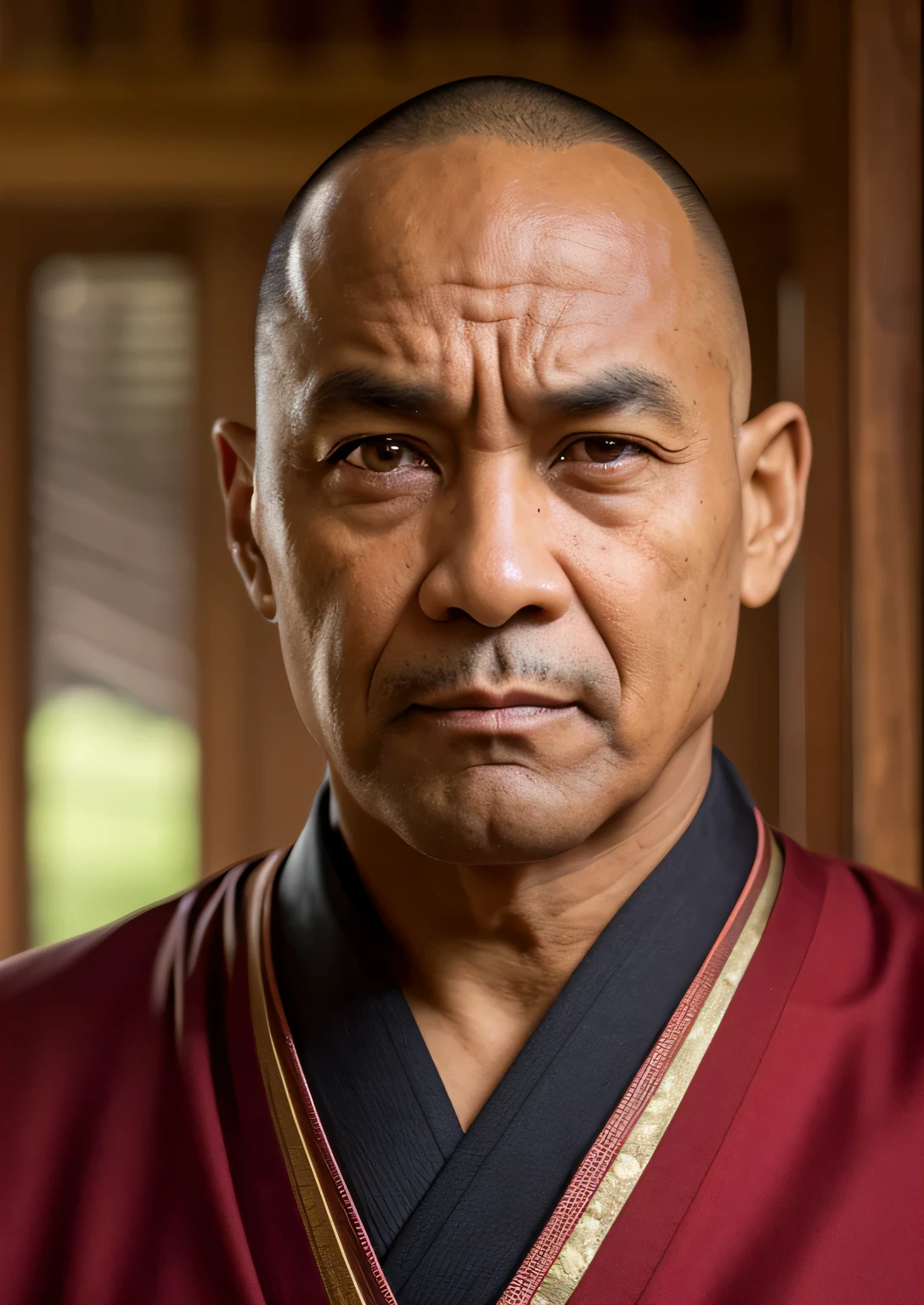 Realistic Ultra HD ， Portrait，A monk wearing a work uniform, Wrinkle ,The expression on his face shows a very sad emotion，Strong-looking men，whole body，The hair is skinhead，Japanese