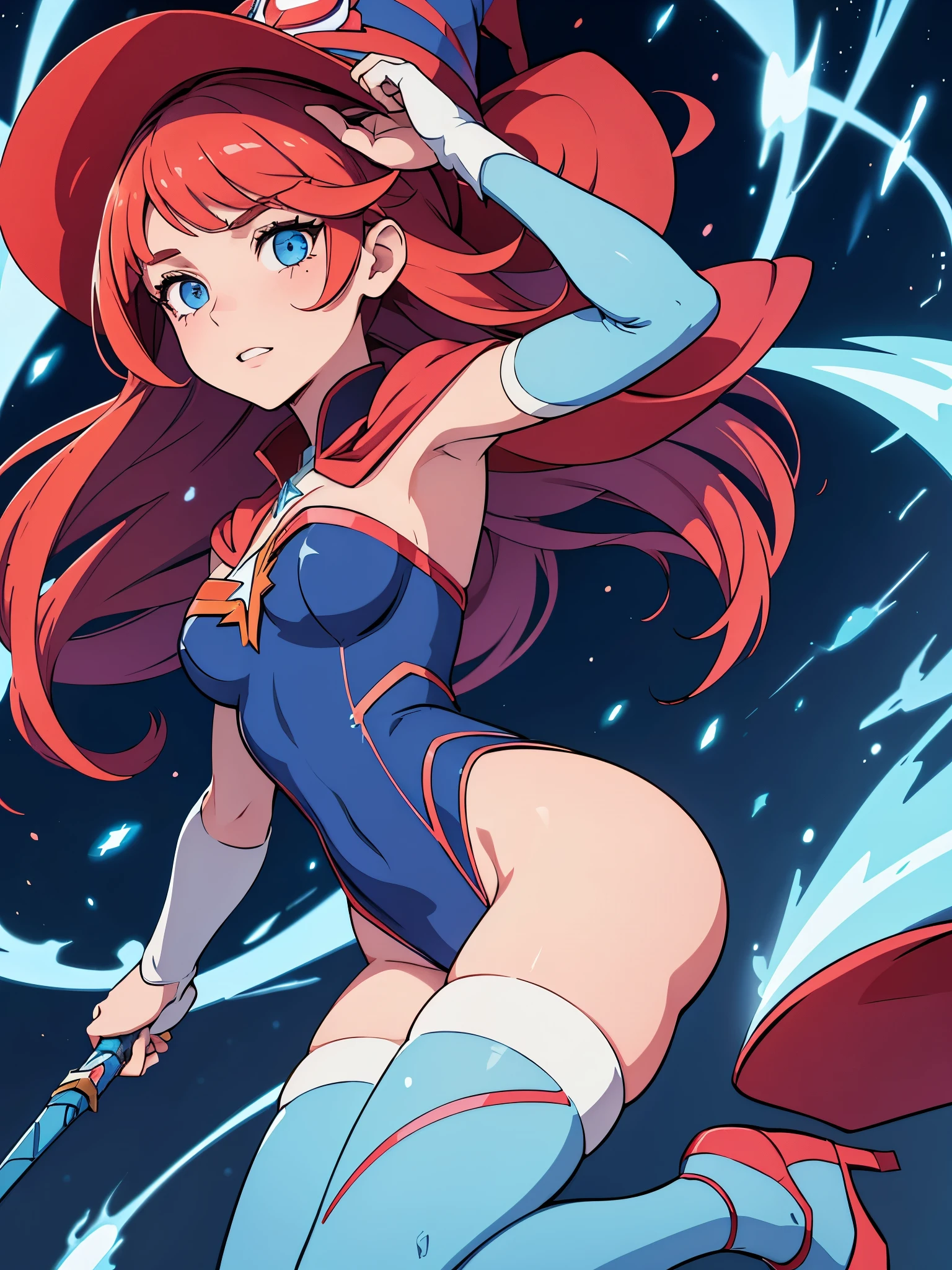 a cartoon of a woman dressed in a superhero costume holding a wand, witch academia, superhero sorceress witch, glamorous angewoman digimon, sky witch, by Aguri Uchida, maya ali as a lightning mage, leotard, blue leotard with white accent, bare legs, blue thigh-highs, red high heels, witch hat, red hair, long hair, blue eyes, beautiful detailed eyes, beautiful detailed face, cute face, medium breasts, age 16-18, solo, solo focus, wonder