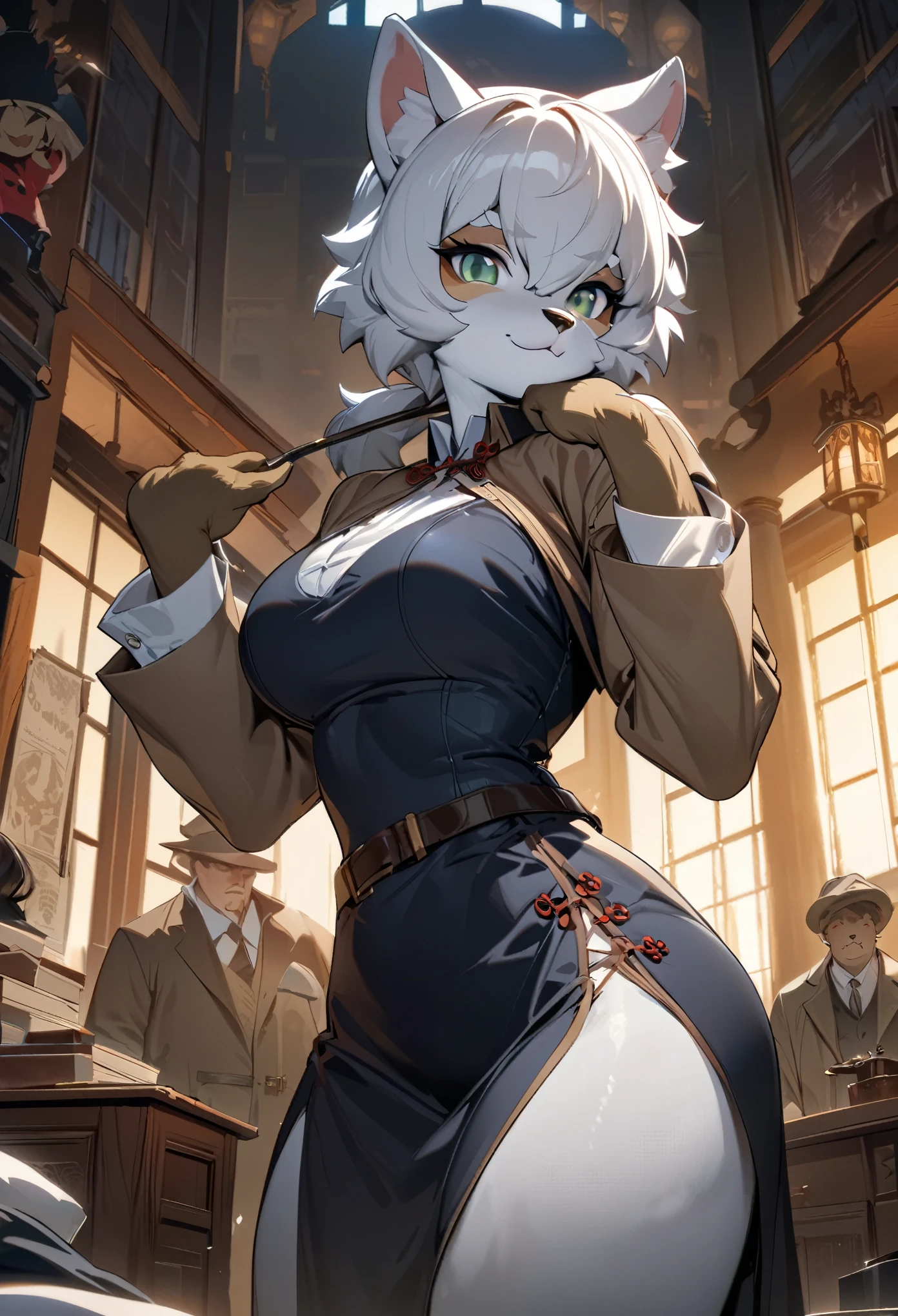 movie poster, highres, top quality, best quality, paid reward available, unparalleled masterpiece, perfect artwork, absurdres, High-quality illustrations, super high resolution, detailed background, perfect anatomy(1boy, detective, 1woman in Chinese dress, furry, kemono, anthro)Crime mystery,