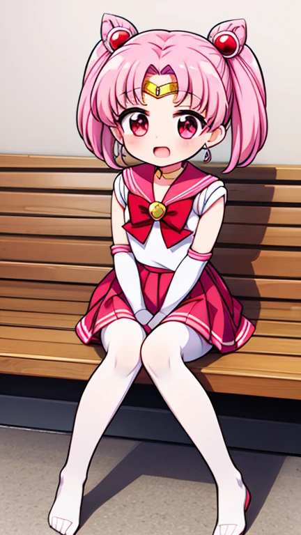 Sailor Moon,childhood,Young,Seven years old,Cute little ,Pink hair twintails,red eyes,short hair,Sailor suit,bow tie,White elbow gloves,red skirt,sitting,no shoes,Open your mouth,laughing out loud,white pantyhose