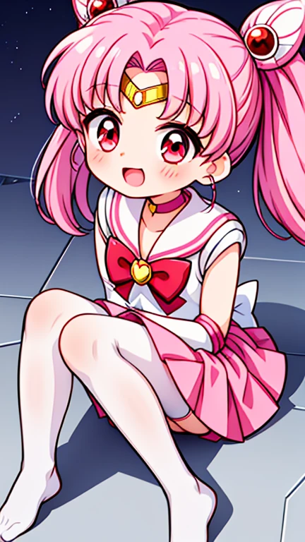 Sailor Moon，childhood，Young，Seven years old，Cute little loli，Pink hair twintails，red eyes，short hair，Sailor suit，bow tie，White elbow gloves，red skirt，sitting，no shoes，Open your mouth，laughing out loud，white pantyhose