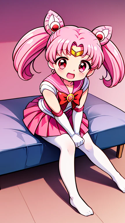 Sailor Moon,childhood,Young,Seven years old,Cute little loli,Pink hair twintails,red eyes,short hair,Sailor suit,bow tie,White elbow gloves,red skirt,sitting,no shoes,Open your mouth,laughing out loud,white pantyhose