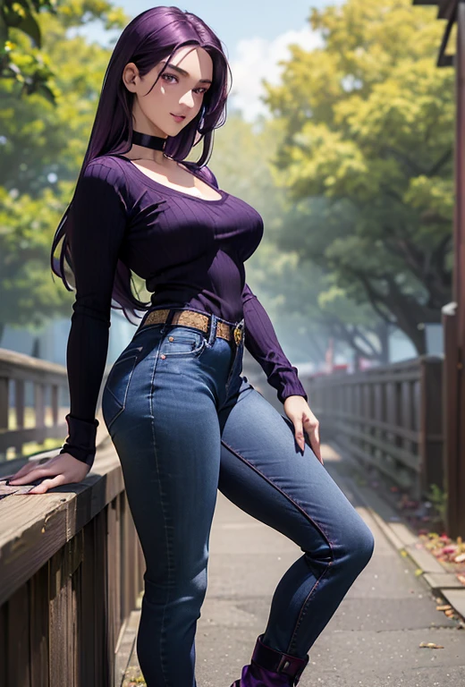 high resolution,ultra-detailed,8k,,1woman,full,body,perfect face,looking at viewer,s(((realistic))),pale skin fighter,(((long straight dark purple hair)),(dark purple eyes),seductive smile,(((large breasts))),large ass,,(black sweater),((jeans)),boots,choker,contrapposto stand,clothed,(Red rein mark on forehead),