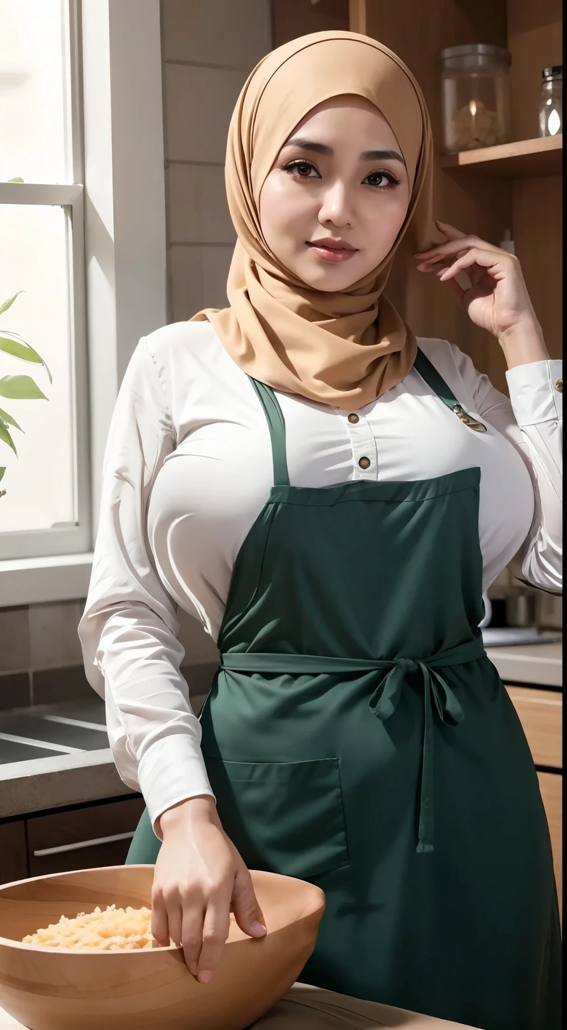 50 years Old, Hijab Indonesian mature woman, Big Tits : 66.9, Gamis, Breast out from her clothes : 1.9, at doctor office, Dark light, at Nighttime