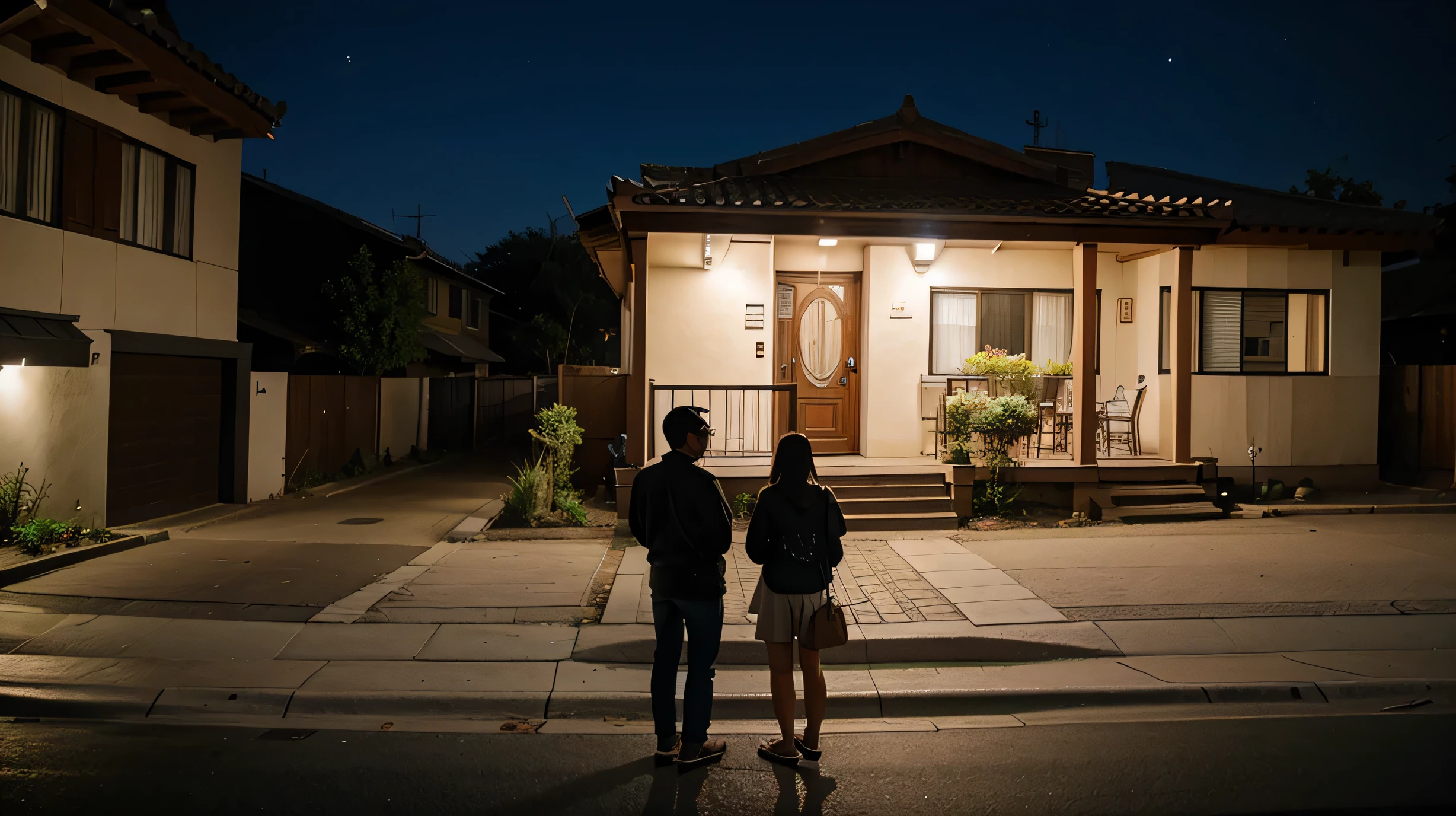 people talking on the sidewalk of a house at night,
