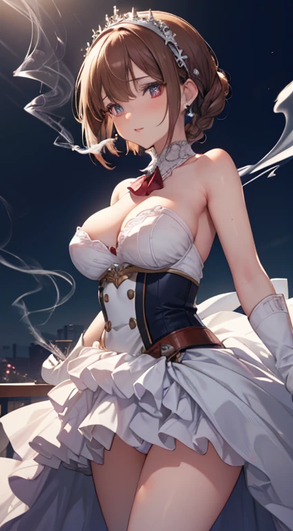 22 years old, (milf:0.8), (solo:1.5), (sfw:1.25), cute breast, beautiful breasts, medium tits, thin waist, big ass:1.0, Raised sexy, (dark mahogany medium short hair, updo, hair band, red eyes, light smile, big , Revimpling fabric, earrings, Hand gloves, detailed face,(smoking:1.3),brunette hair,detailed and beautiful eyes,beautiful detailed lips,Rolling her eyes,manner,hair over one eye, asymmetric hair, Carly hair, low tied braids), (ultra high resolution, 8K RAW photo, photo realistics, thin outline:1.3, clear focus), best qualtiy, natural lighting, textile shading, blurry back ground, field depth, (Bright pupils, fine detailed beautiful eyes with highlight:1.3, high detailed face), Red lip, fine realistic skins:1.1, looking down viewers:1.3, (dynamic angle:1.3, front view:1.1, breast focus:1.3, from below:1.2), (dynamic posing:1.5, sexy posing:1.2),Youghal, side lock, hair ornaments, hair band,nice,garden background,artistic rendering,Super detailed,(highest quality,4k,8K,High resolution,masterpiece:1.2),Bright colors,studio lighting