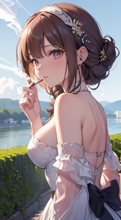 22 years old, (milf:0.8), (solo:1.5), (sfw:1.25), cute breast, beautiful breasts, medium tits, thin waist, big ass:1.0, Raised sexy, (dark mahogany medium short hair, updo, hair band, red eyes, light smile, big , Revimpling fabric, earrings, Hand gloves, detailed face,(smoking:1.3),brunette hair,detailed and beautiful eyes,beautiful detailed lips,Rolling her eyes,manner,hair over one eye, asymmetric hair, Carly hair, low tied braids), (ultra high resolution, 8K RAW photo, photo realistics, thin outline:1.3, clear focus), best qualtiy, natural lighting, textile shading, blurry back ground, field depth, (Bright pupils, fine detailed beautiful eyes with highlight:1.3, high detailed face), Red lip, fine realistic skins:1.1, looking down viewers:1.3, (dynamic angle:1.3, front view:1.1, breast focus:1.3, from below:1.2), (dynamic posing:1.5, sexy posing:1.2),Youghal, side lock, hair ornaments, hair band,nice,garden background,artistic rendering,Super detailed,(highest quality,4k,8K,High resolution,masterpiece:1.2),Bright colors,studio lighting