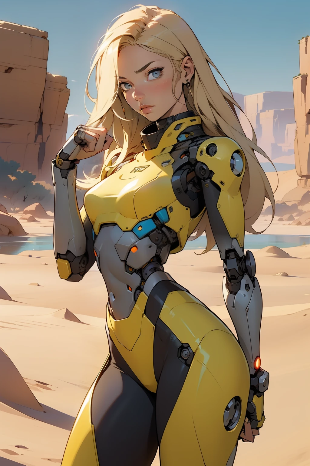 high quality, 4k, masterpiece, beautiful, cyborg girl, cowboy shot, dull eyes, front, looking at viewer, long blonde hair, girl, small breasts, fit thighs, robotic arms, robotic body, cyborg body, yellow uniform, red accent, intricate detail, joint, detailed lines, robotic detail, holding fist up, holding hand up as fist, color robotic parts, robotic parts with color, perfect fingers, on a desert planet, sunny background, colorful desert, a river or a lake in the background