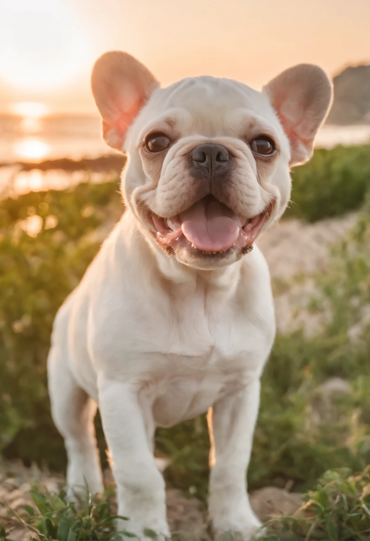 un beau petit chiot bouledogue, smilling, perfect mouth without defect, very hairy plain white, regard vers la caméra, sunset on the tropical beach in the background, 4k, hd, realistic, professionnal shoot