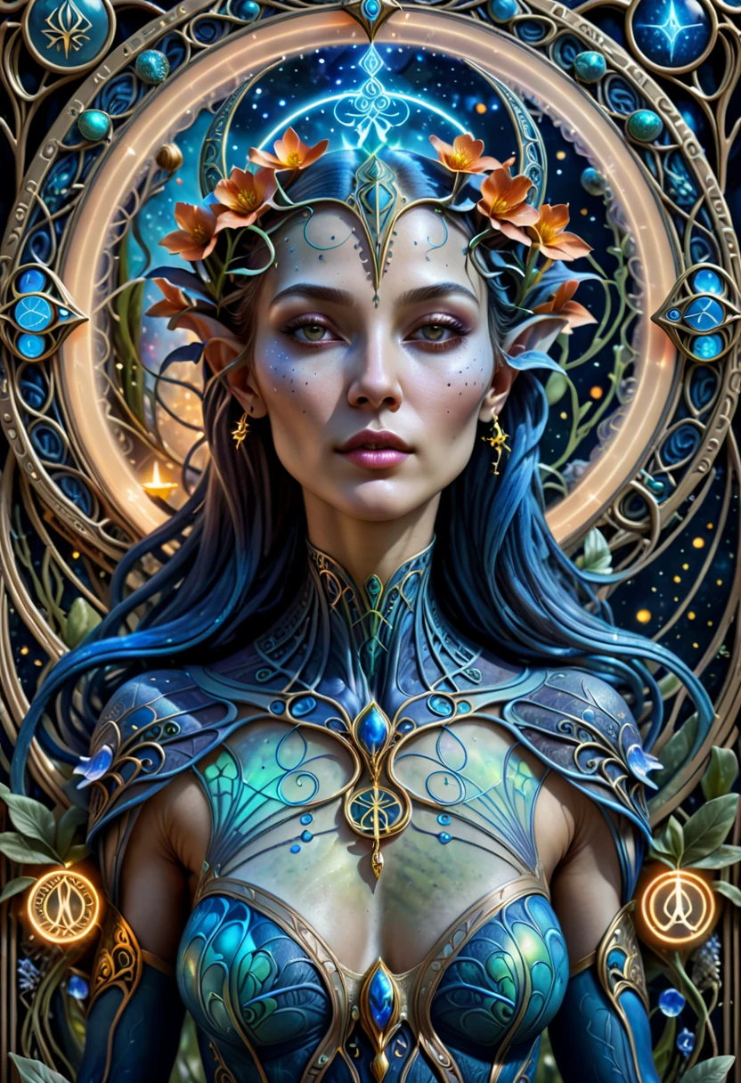 best quality,4k,8k,highres,masterpiece:1.2,ultra-detailed,realistic:1.37,HDR,UHD,studio lighting,ultra-fine painting,sharp focus,physically-based rendering,extreme detail description,professional,art nouveau,tarot card style,dynamic angle, blissful facial expression, beautiful alien female,creatures from outer space, cyborg style,((the composition focal point is an alien female praying with a circle of glowing magical symbols floating in front of her:1.5)), ((A glowing circle of protection, with runic symbols, is floating in the foreground, in front of the woman)), fractalized, android,(wearing a biological exoskeleton),alien flora,(exotic alien flora background with bioluminescent fungi),vivid colors,beige and blue hues,trending on cgsociety,landscape,(horror),sci-fi,concept artists,dark and vibrant colors,dreamy lighting