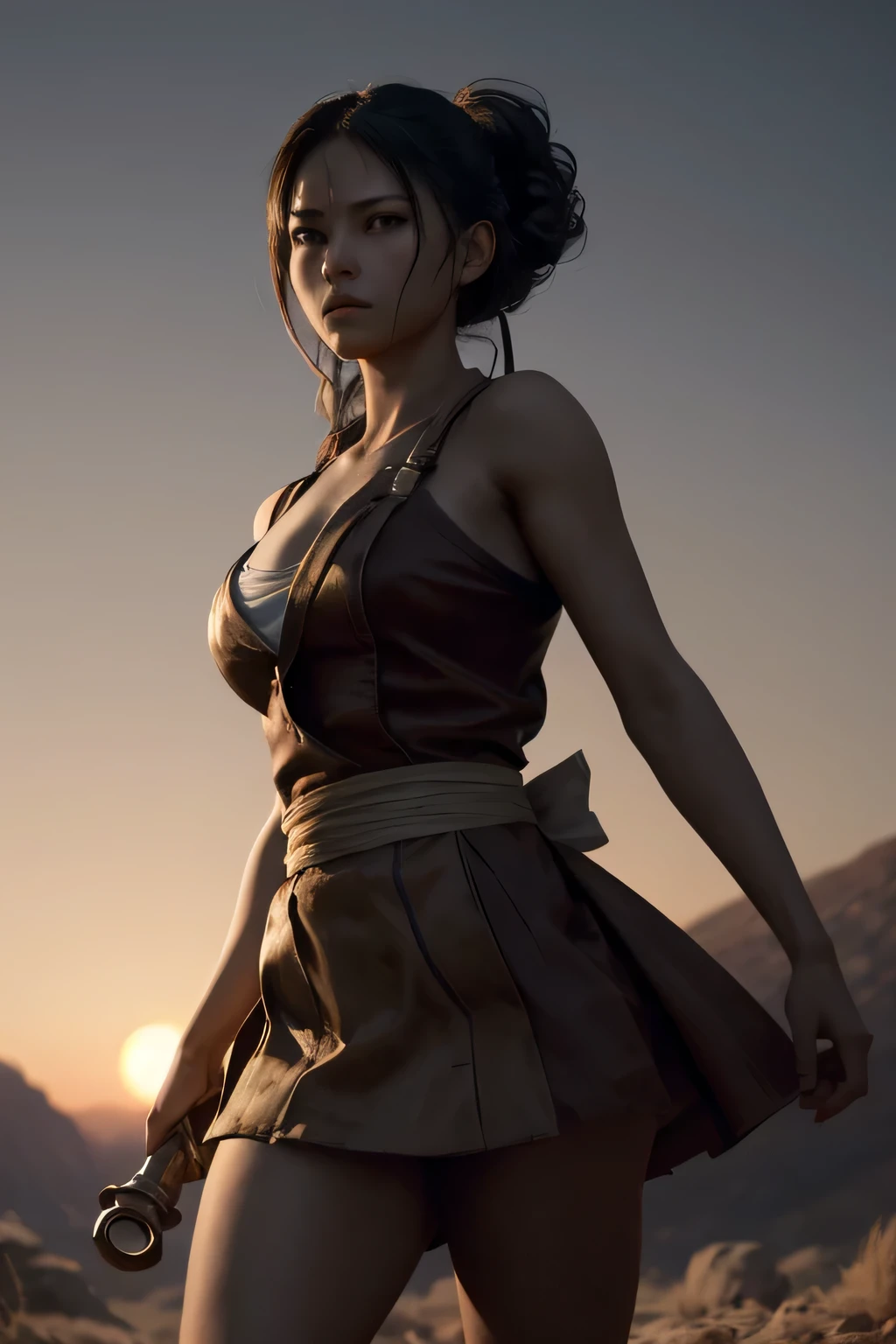(masterpiece), (high quality), (best quality), realistic, RAW photo, cinematic, Yuna, Yuna from Final Fantasy, cosplay, posing for photo, cool pose, black bobcut hair, 20yo girl, stunning beauty